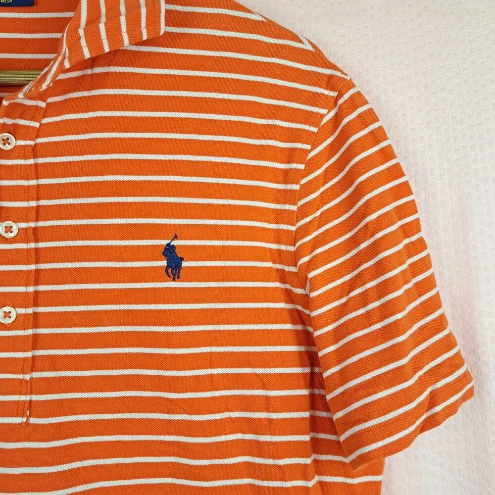 Polo Ralph Lauren Shirt Men's M Orange Striped Featherweight Mesh Short Sleeve